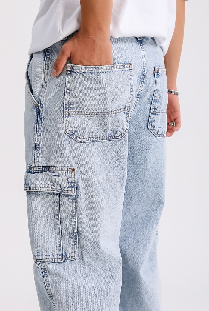 Açık Mavi Denim Baggy Kargo Pantolon