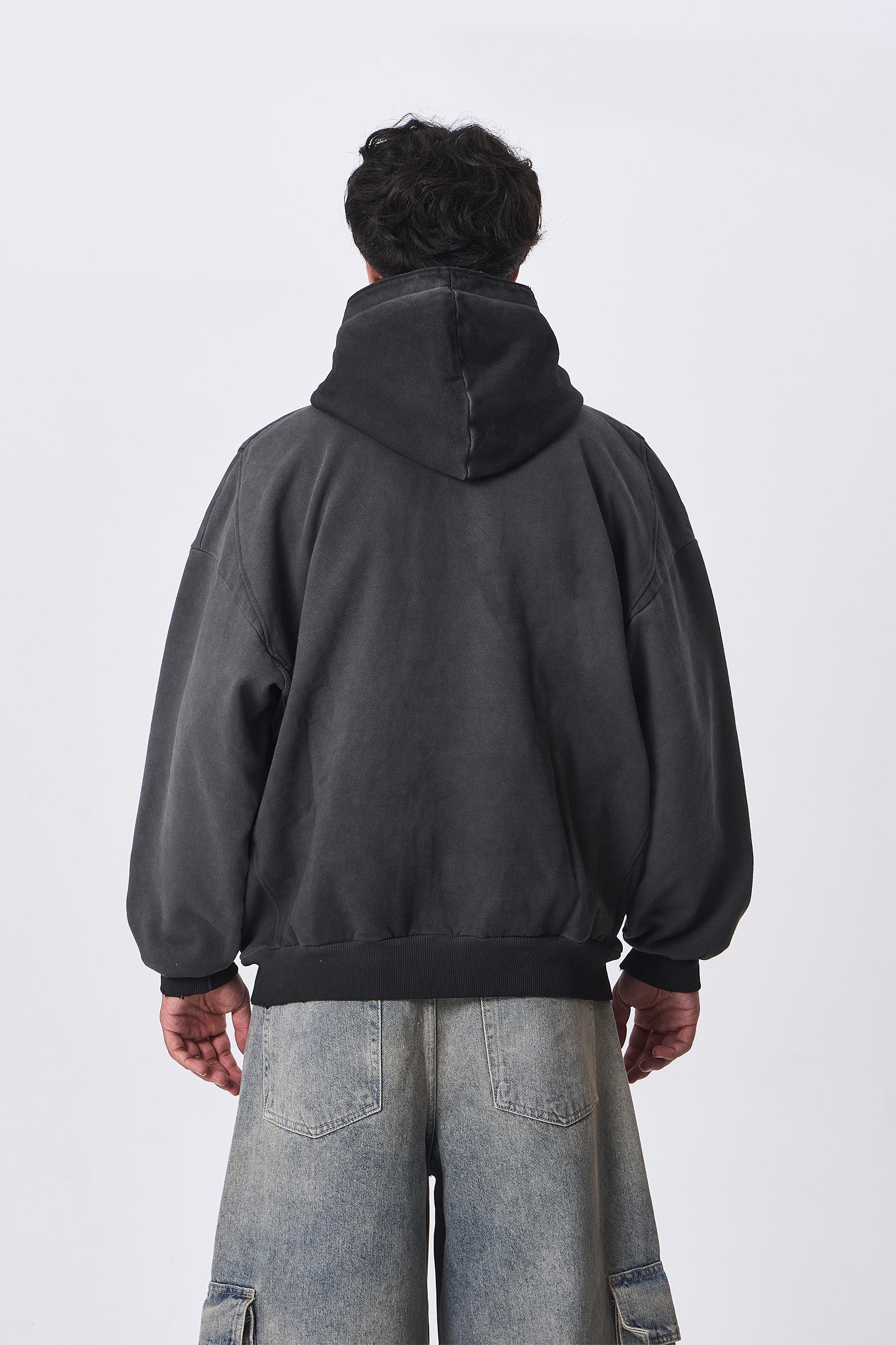 Diyagonal Eskitme Full-Zip Oversize Kapüşonlu Sweatshirt