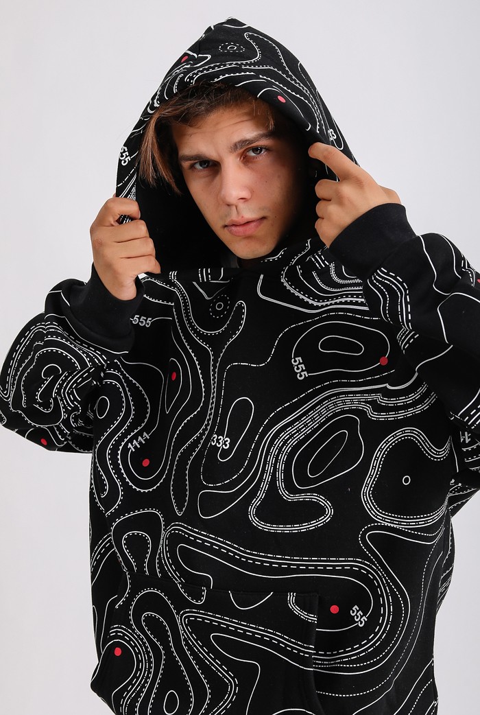 HOT MAP Siyah Baskılı Premium Oversize Hoodie