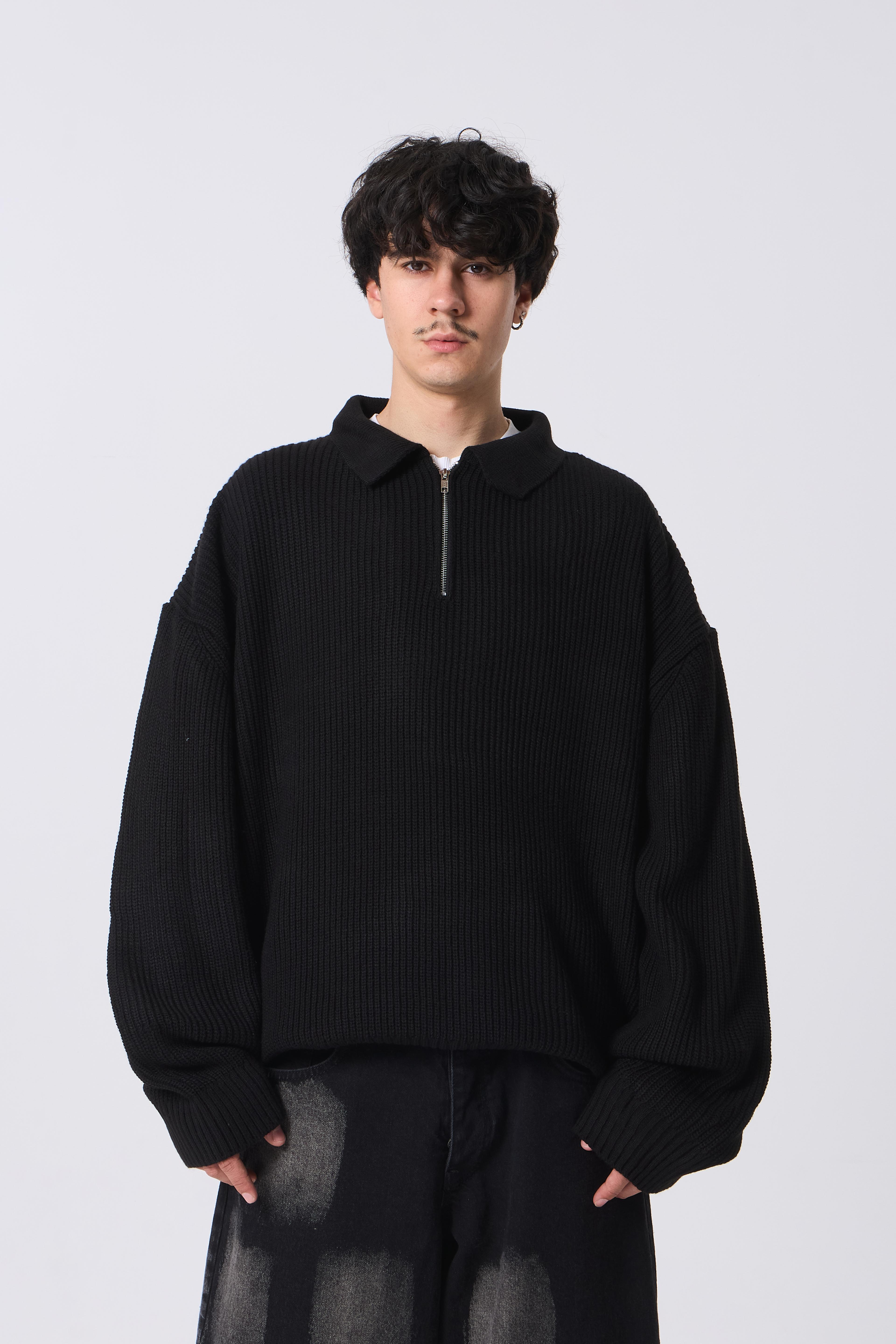 Premium Half-Zip Polo Yaka Triko  - Siyah