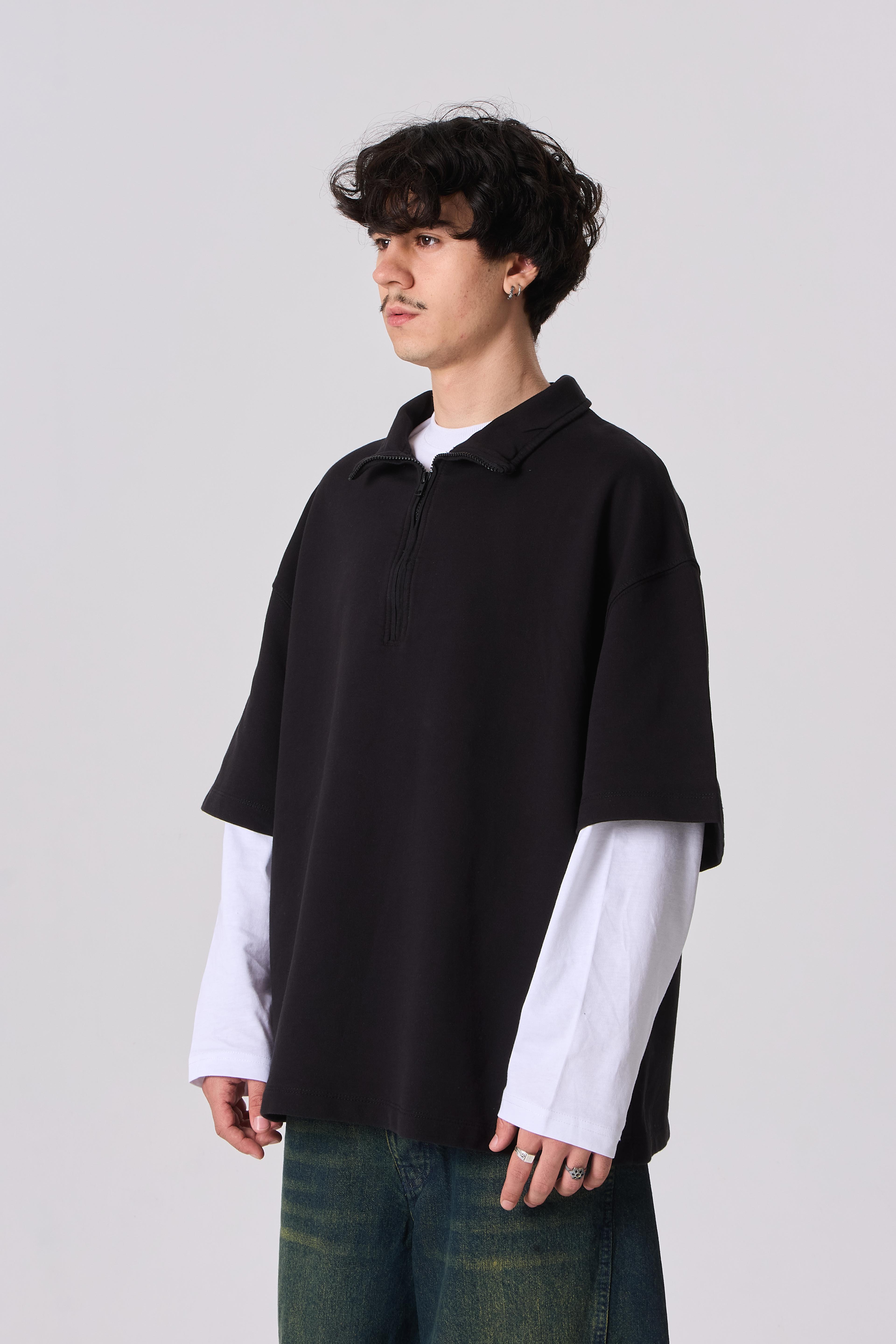 Polo Yaka Half-Zip Basic Oversize Tişört