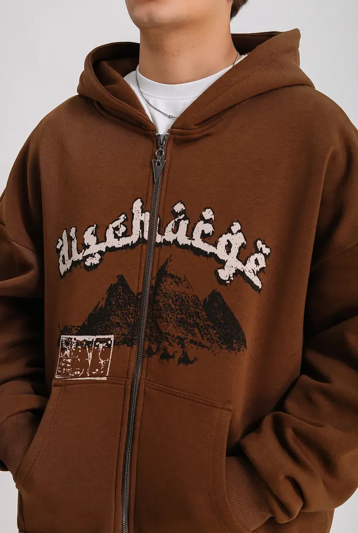 Kahverengi Baskı Detaylı Premium Full Zip Hoodie
