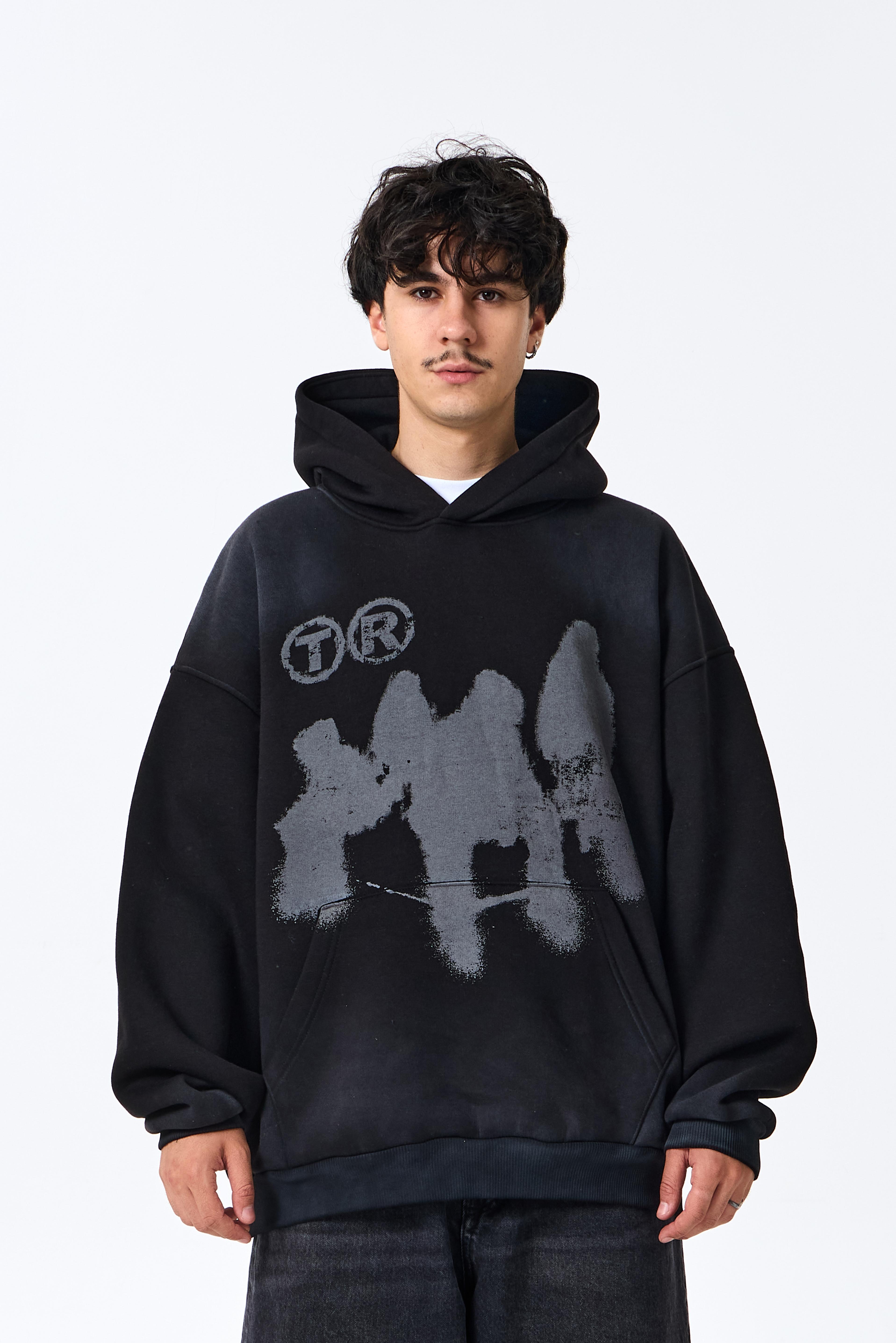 Shadow Baskılı Premium Oversize Kapüşonlu Sweatshirt - Siyah