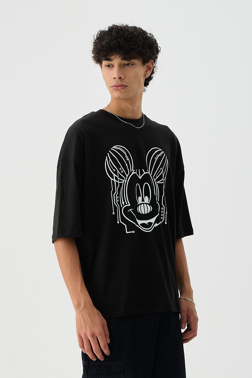 Mickey Baskılı Siyah Oversize Tişört