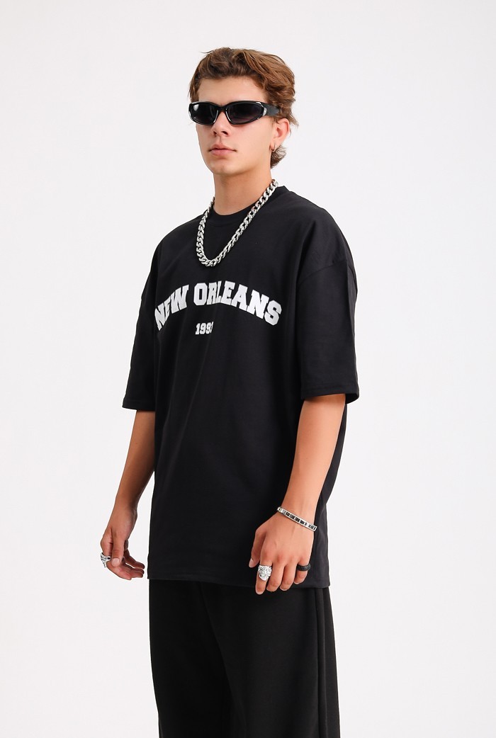 NEW ORLEANS Siyah Baskılı Oversize T-shirt