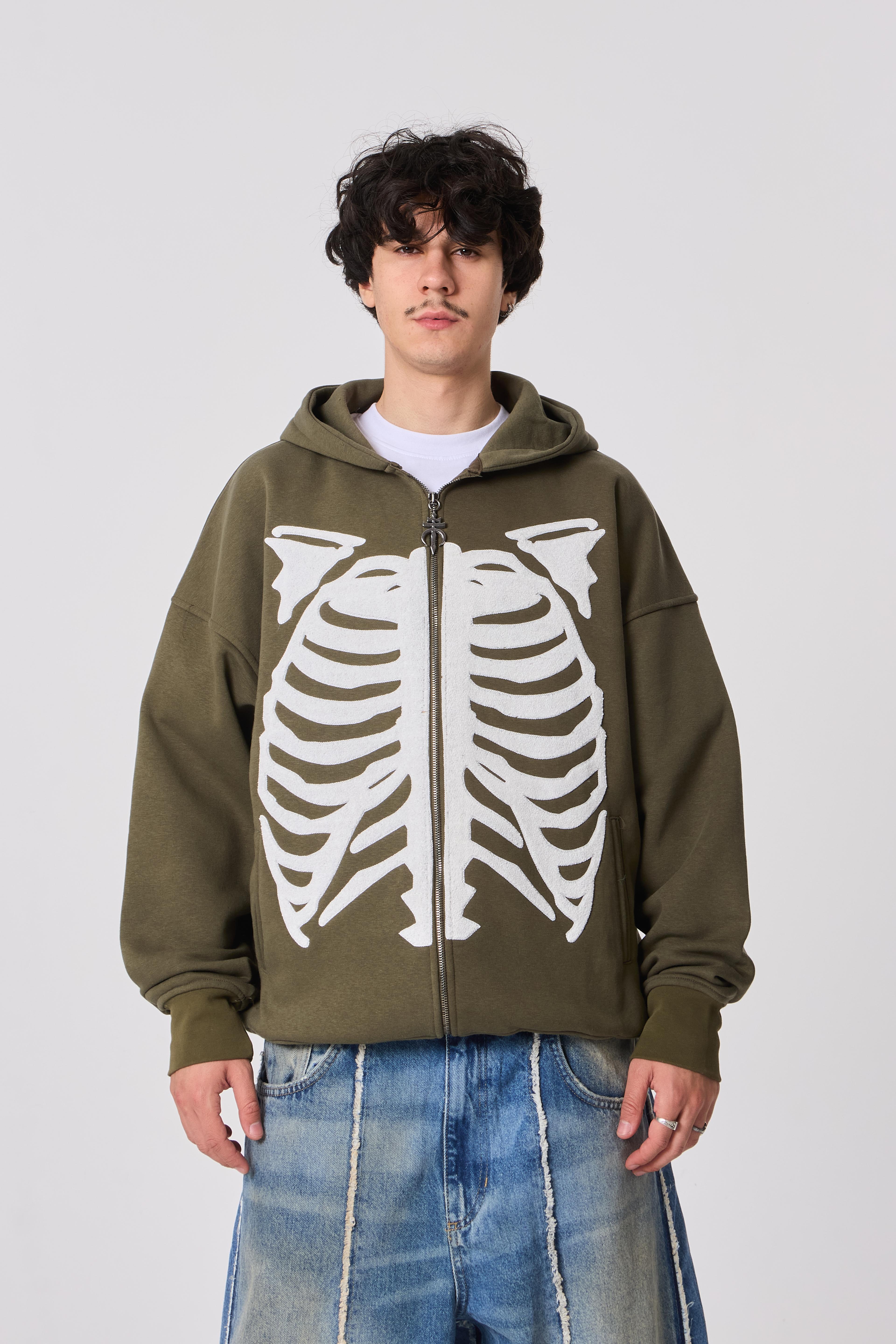 Skeleton Nakış Detaylı Oversize Kapüşonlu Sweatshirt - Haki