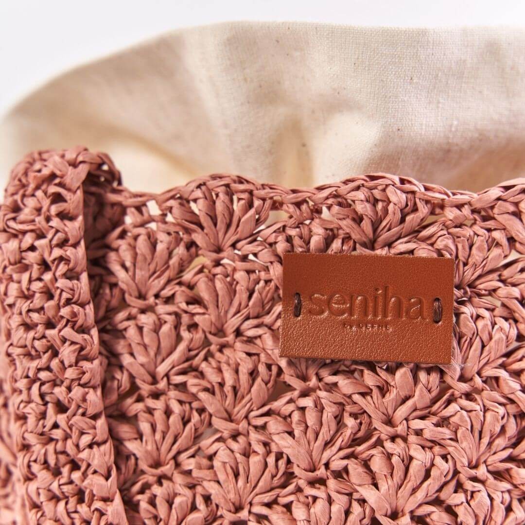 El Yapımı Astarlı Rafya Çanta Pembe