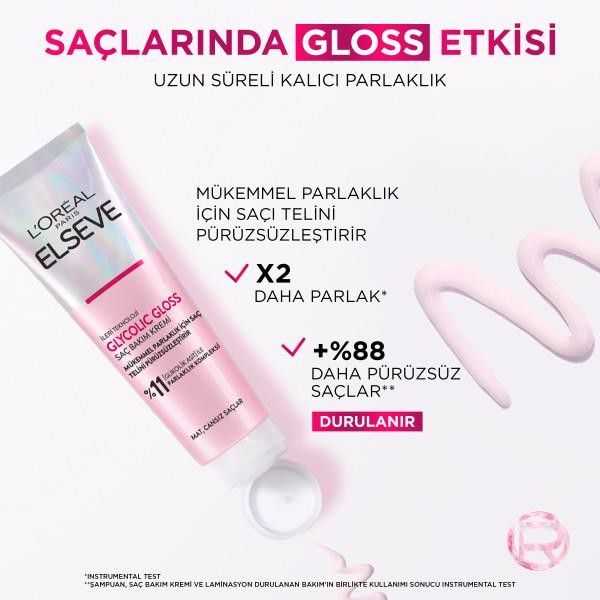 L'Oréal Paris Elseve Glycolic Gloss Mükemmel Parlaklık için Pürüzsüzleştirici Saç Kremi 150ml