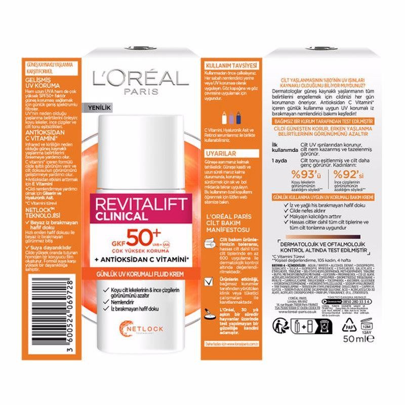 L'Oréal Paris Revitalift Clinical SPF 50+ Günlük Yüksek UV Korumalı Yüz Güneş Kremi 50 ml
