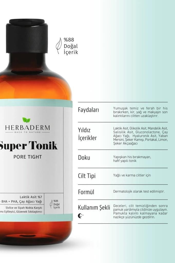 Herbaderm Pore Tight Gözenek Sıkılaştırıcı, Sivilce ve Siyah Nokta Karşıtı Super Tonik 250 ml