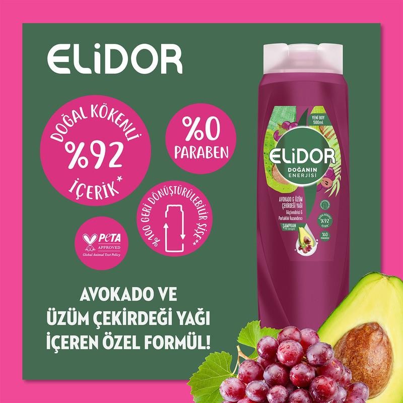 Elidor Doğanın Enerjisi Avokado ve Üzüm Çekirdeği Yağı Şampuan 500 ml