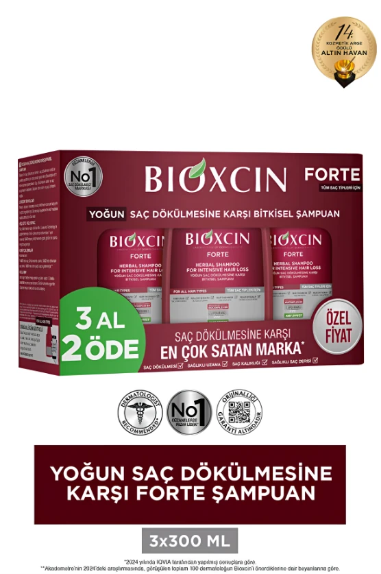 Bioxcin Forte Tüm Saç Tipleri için Yoğun Dökülme Karşıtı Şampuan 3x300ml (3 Al 2 Öde)