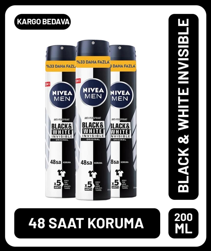 Nivea Men Black & White Invisible Orginal Deodorant 200 ml X 3 Adet Avantajlı Paket