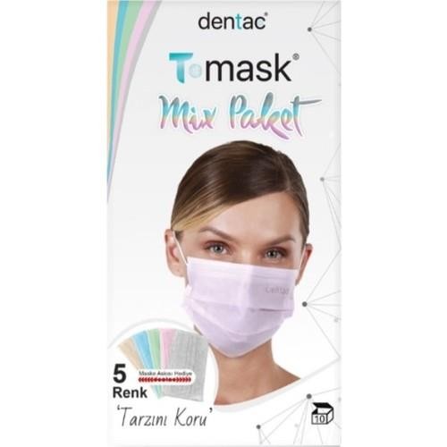 Dentac T-Mask 3 Katlı Cerrahi Renkli Yüz Maskesi Mix Paket 10 Adet + Maske Askısı Hediye