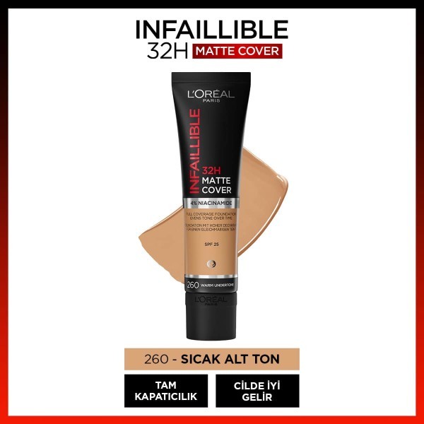 L'Oréal Paris Infaillible 32H Matte Cover Yüksek Kapatıcı Fondöten - 260 Sıcak Alt Ton