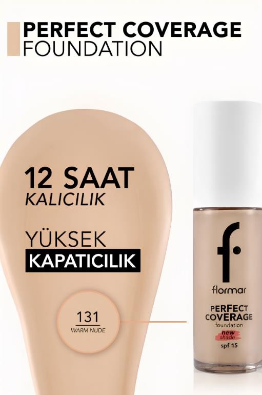Flormar Perfect Coverage Yüksek Pigmentli & Yarı Parlak Bitişli SPF15 Fondöten - 131 Warm Nude 