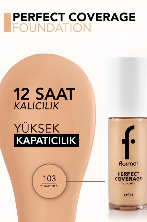 Flormar Perfect Coverage Yüksek Pigmentli & Yarı Parlak Bitişli SPF15 Fondöten - 103 Cremy Beige 