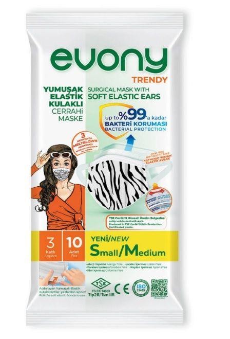 Evony Trendy Yumuşak Elastik Kulaklı Desenli Cerrahi Maske 10'lu -S/M