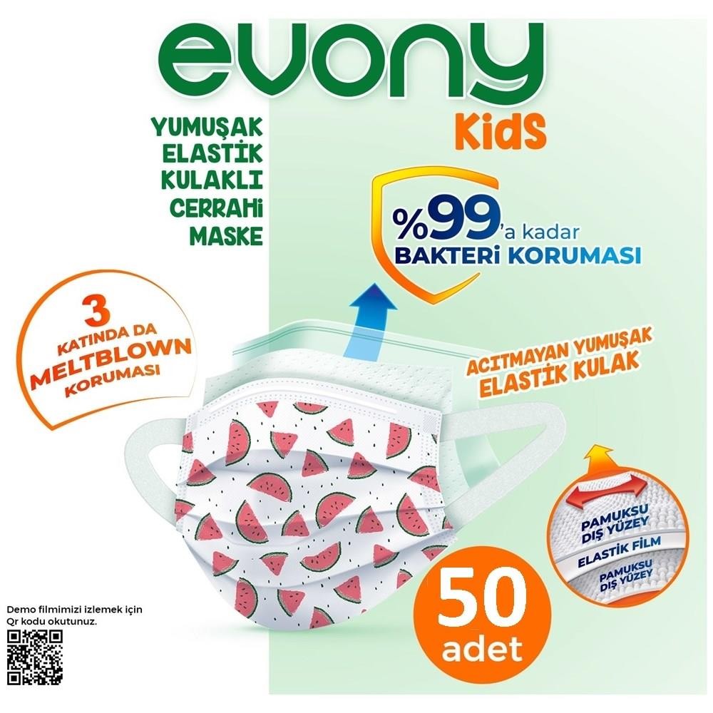 Evony Kids Yumuşak Elastik Kulaklı 3 Katlı Cerrahi Maske 50'li