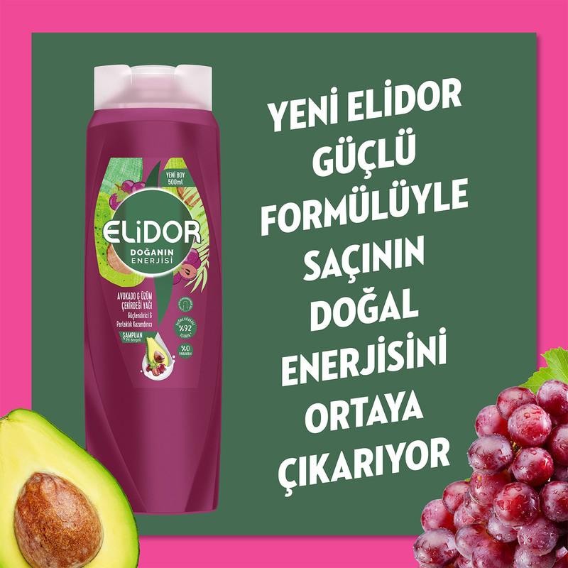 Elidor Doğanın Enerjisi Avokado ve Üzüm Çekirdeği Yağı Şampuan 500 ml