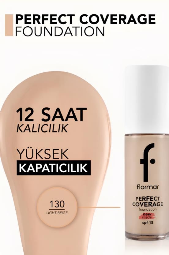 Flormar Perfect Coverage Yüksek Pigmentli & Yarı Parlak Bitişli SPF15 Fondöten - 130 Light Beige 