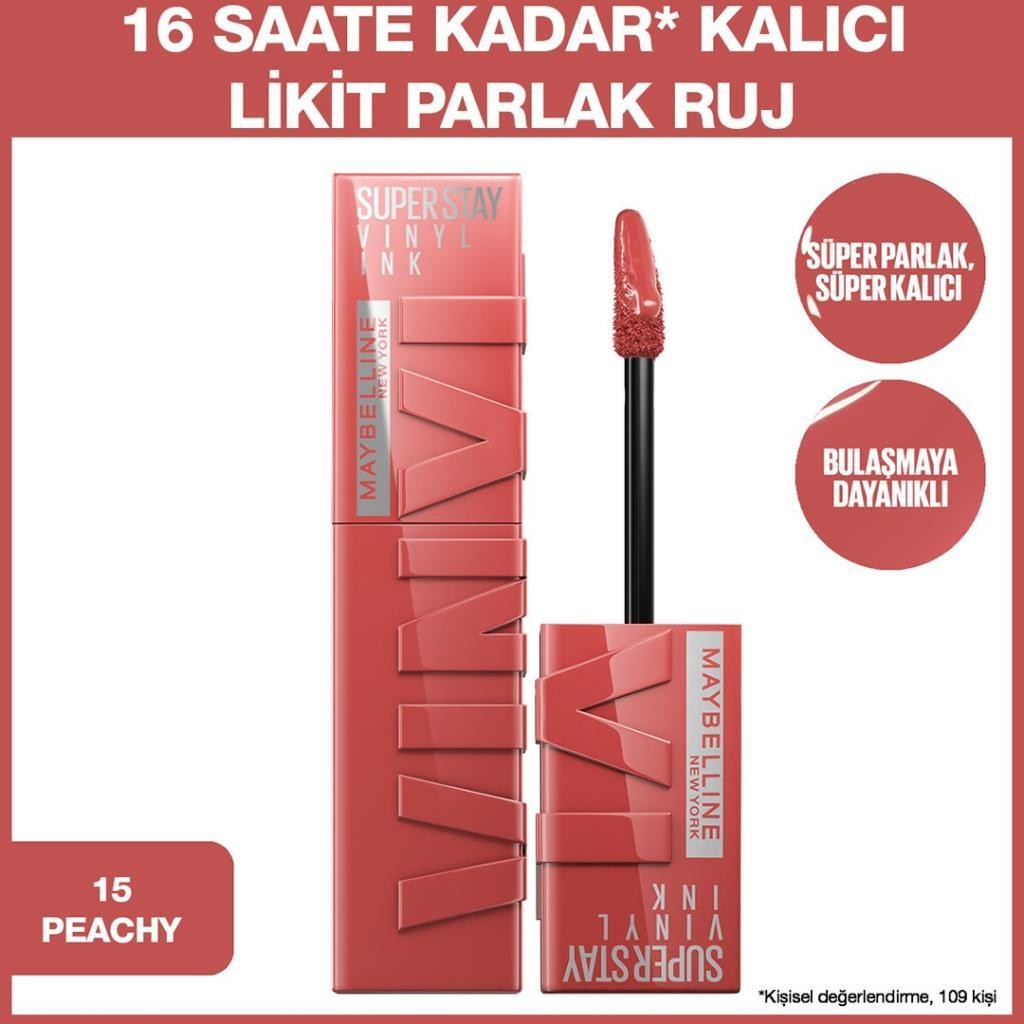 Maybelline New York Super Stay Vinyl Ink Likit Parlak Ruj - 15 Peachy