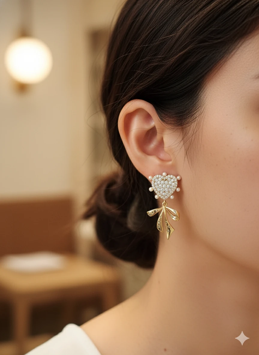 VİP SERİ İNCİ DETAYLI KALP VE FİYONK TASARIMLI KÜPE