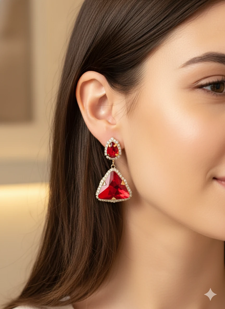 VİP SERİ KIRMIZI ZİRKON TAŞLI ÜÇGEN TASARIM KÜPE