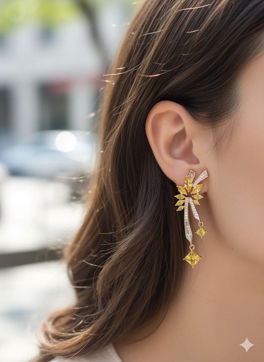 PREMİUM SERİ SARI ZİRKON TAŞLI TASARIM KÜPE