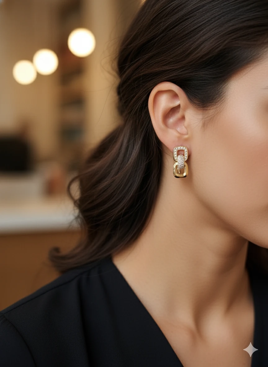 VİP SERİ GOLD RENK ZİRKON TAŞLI TASARIM KÜPE