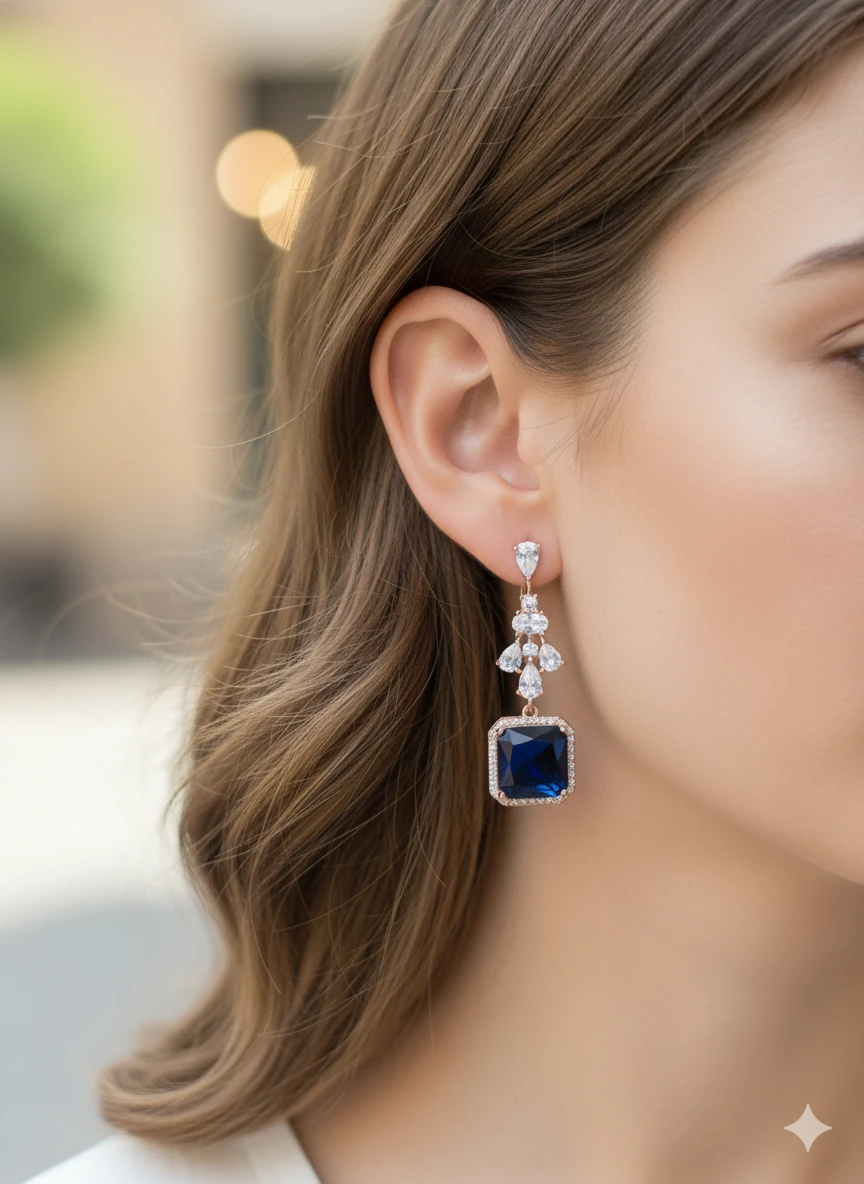 VİP SERİ KARE LACİVERT TAŞLI TASARIM KÜPE