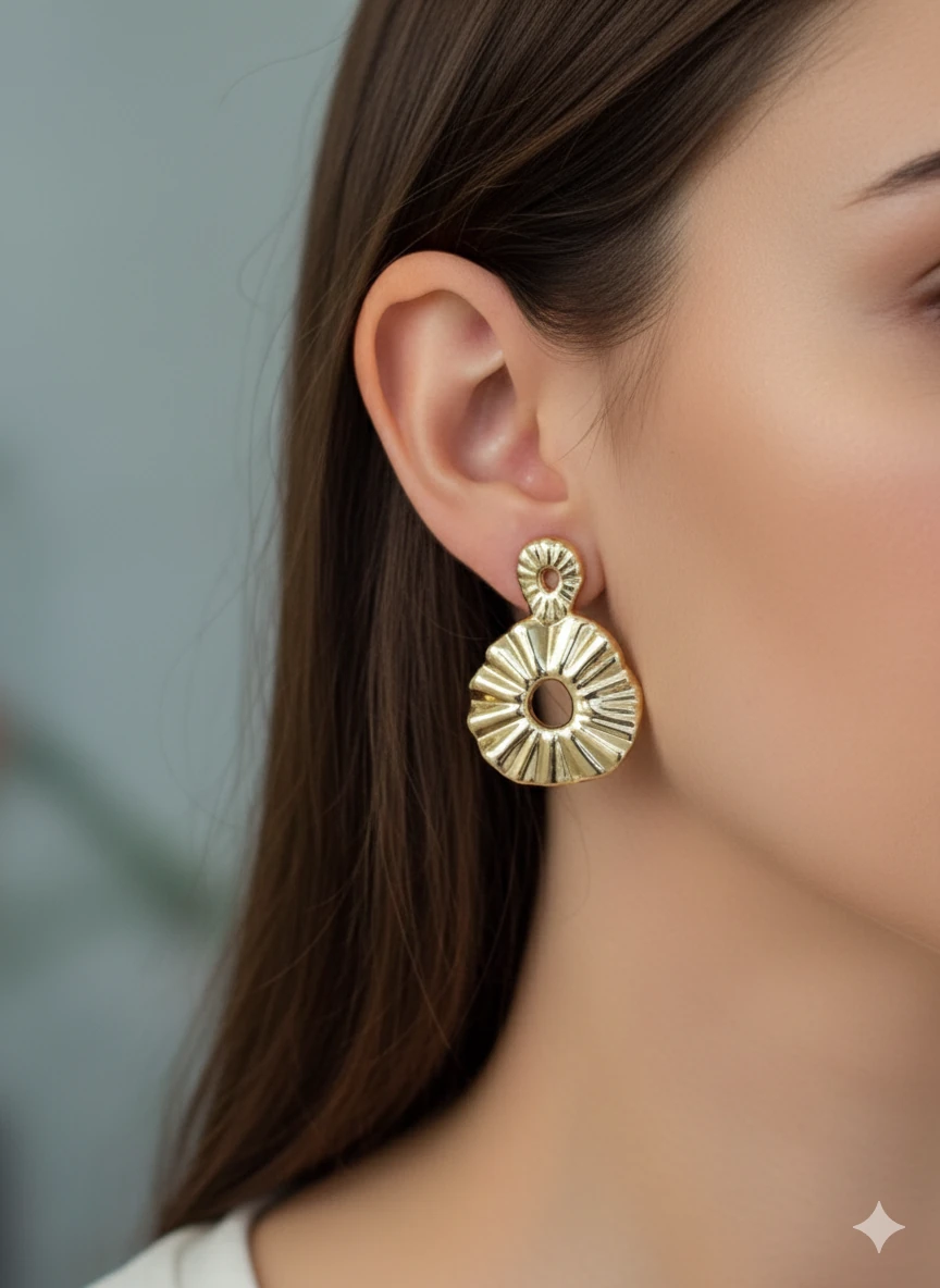 VİP SERİ GOLD RENK ŞERİT ÇİZGİLİ DAİRE TASARIM KÜPE