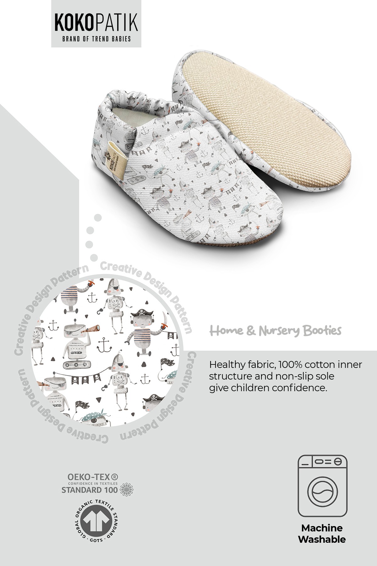 Kokopatik, Non-Slip Sole, Organic Cotton Lined Home Slippers, First Step Shoes,Pirate Robots Patterned Slippers