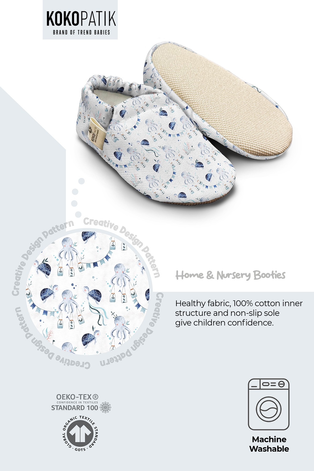 Kokopatik Non-Slip Sole, Organic Cotton Lined Indoor Booties, First Step Shoe, Blue Sea Adventure Pattern