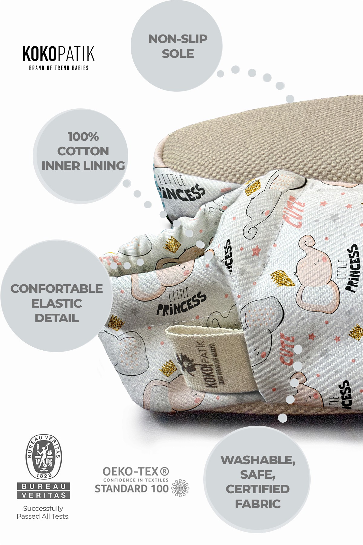 Kokopatik, Non-Slip Sole, Organic Cotton Lined Home Slippers, First Step Shoes, Little Elephant Patterned Slippers