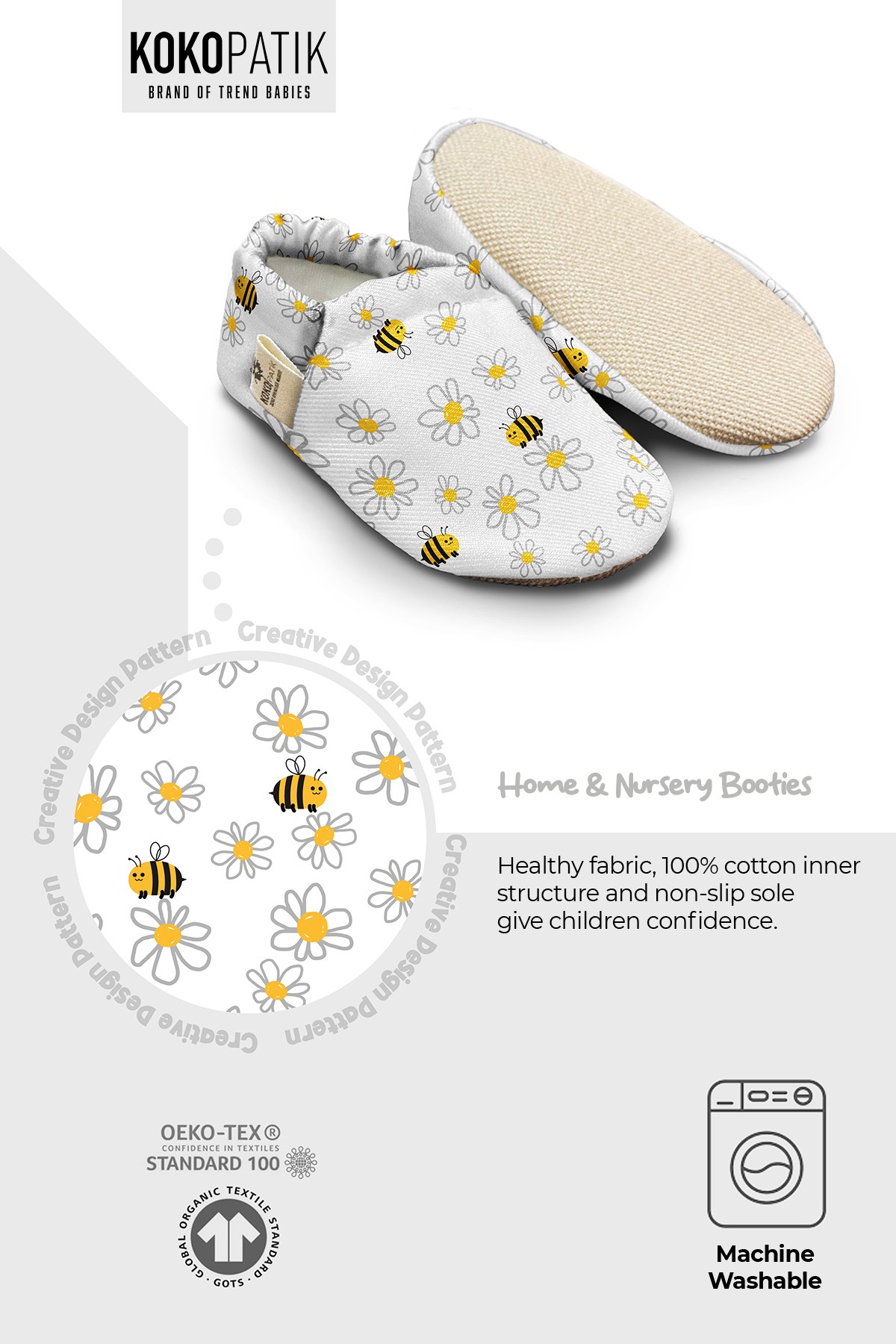 Kokopatik, Organic Cotton Baby Booties, Non-Slip Sole, Newborn Booties, Home Nursery Shoes, Daisy Pattern Booties