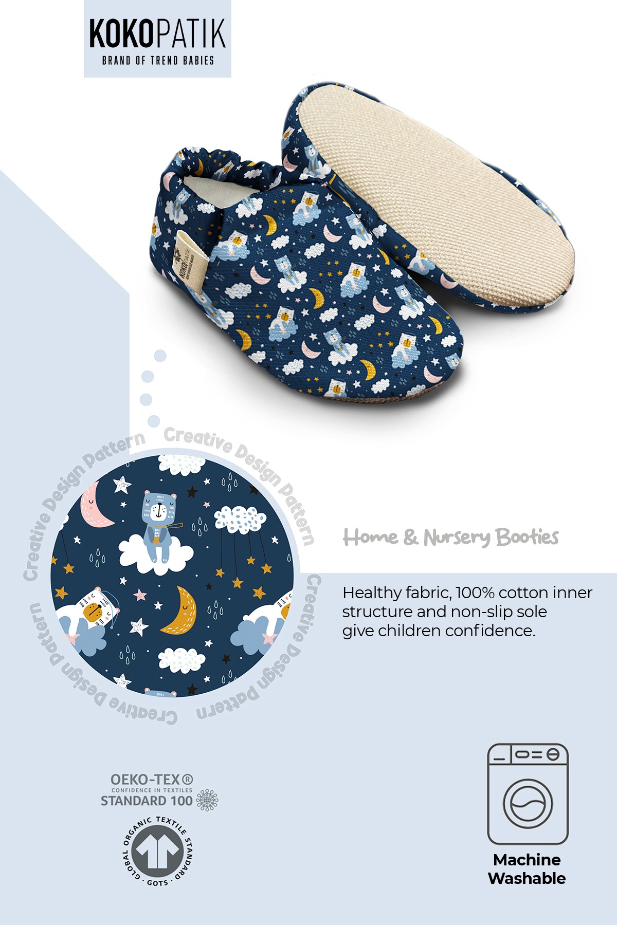 Kokopatik, Non-Slip Sole, Organic Cotton Lined Home Slippers, First Step Shoes, Good Night Patterned Slippers