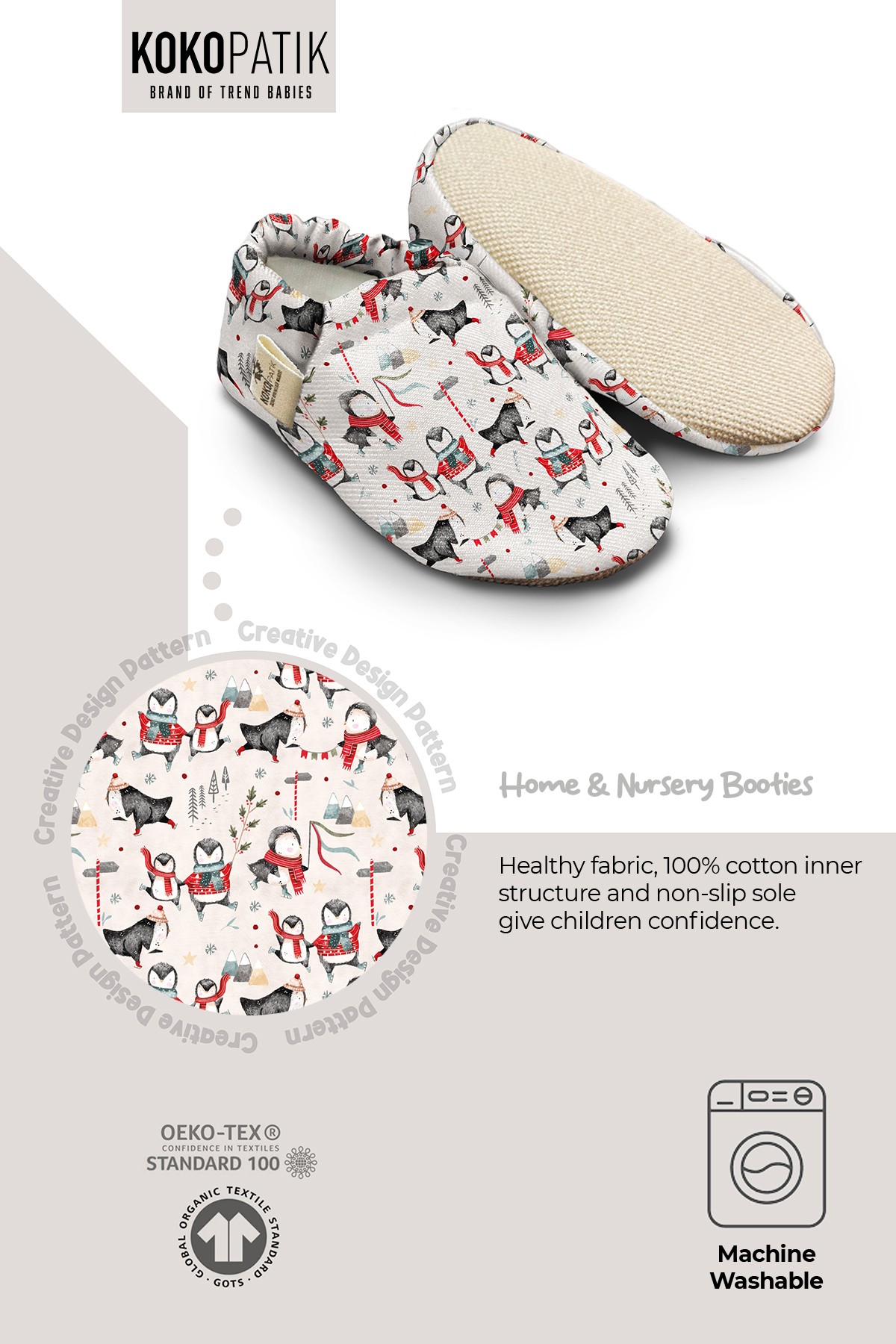 Kokopatik, Non-Slip Sole, Home Nursery Booties, Unisex Baby Booties, Cotton Newborn Booties, Penguin Winter Patterned Booties