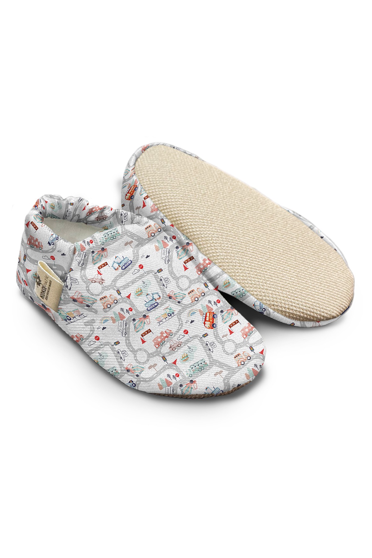 Kokopatik Organic Cotton Baby Booties, Non-Slip Sole, Newborn Shoe, Indoor/Creche Footwear, Big Traffic Adventure Pattern