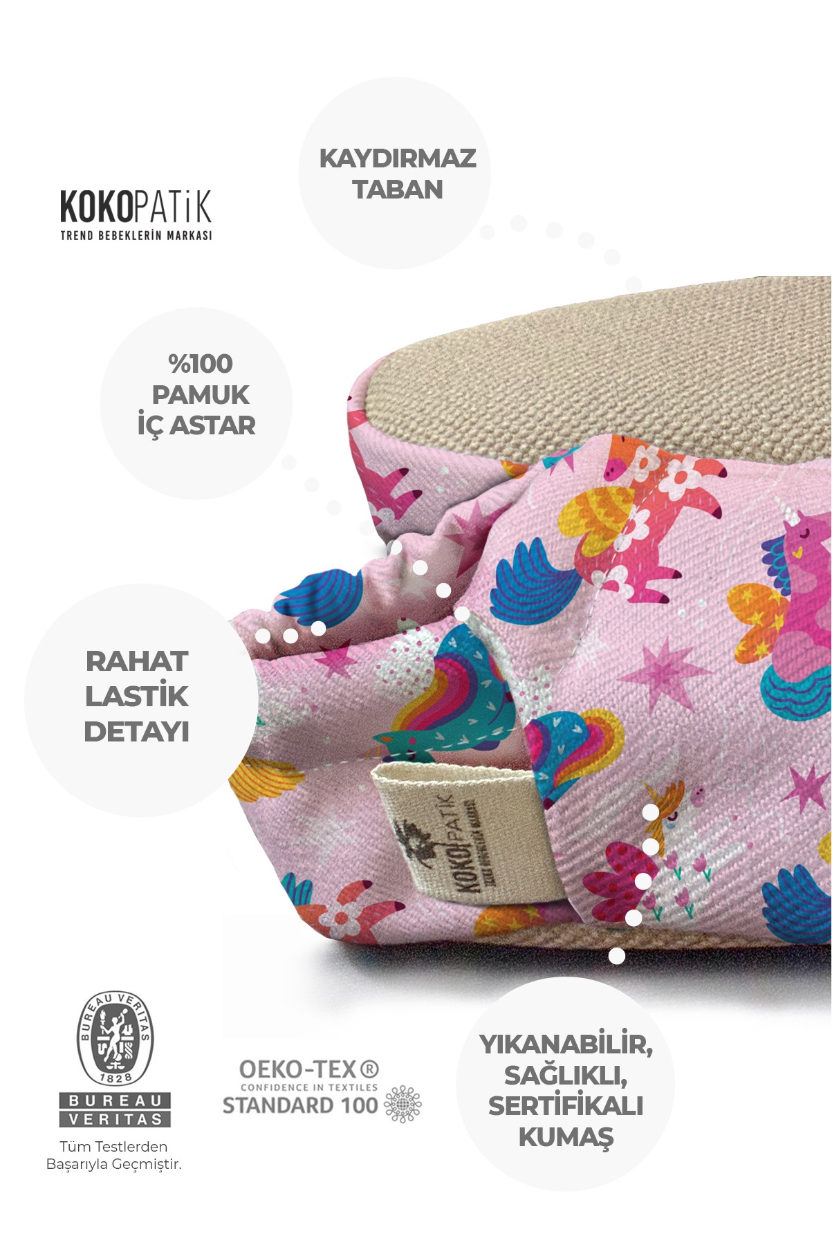 Kokopatik,Organik Pamuk Bebek Patiği,Kaydırmaz Taban,Yenidoğan Patik,Ev Kreş Ayakkabısı,Unicorn Desen Patik