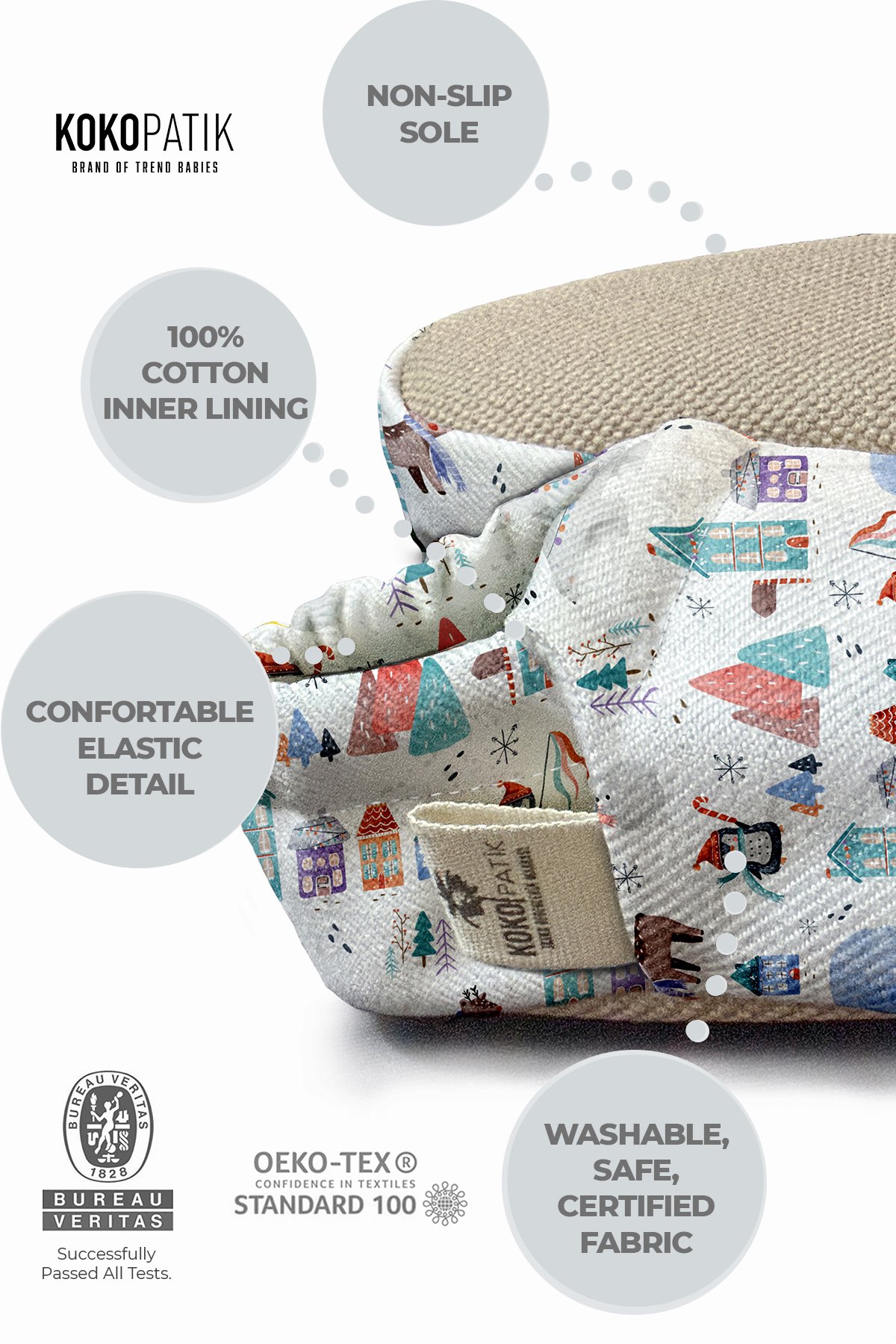 Kokopatik, Non-Slip Sole, Organic Cotton Lined Home Slippers, First Step Shoes, Christmas Festival Patterned Slippers
