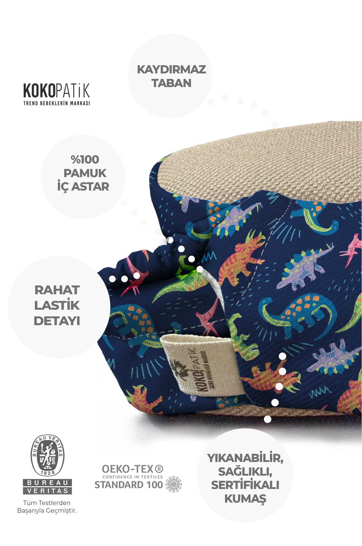 Kokopatik,Organik Pamuk Bebek Patiği,Kaydırmaz Taban,Yenidoğan Patik,Ev Kreş Ayakkabısı,Dinno Desen Patik
