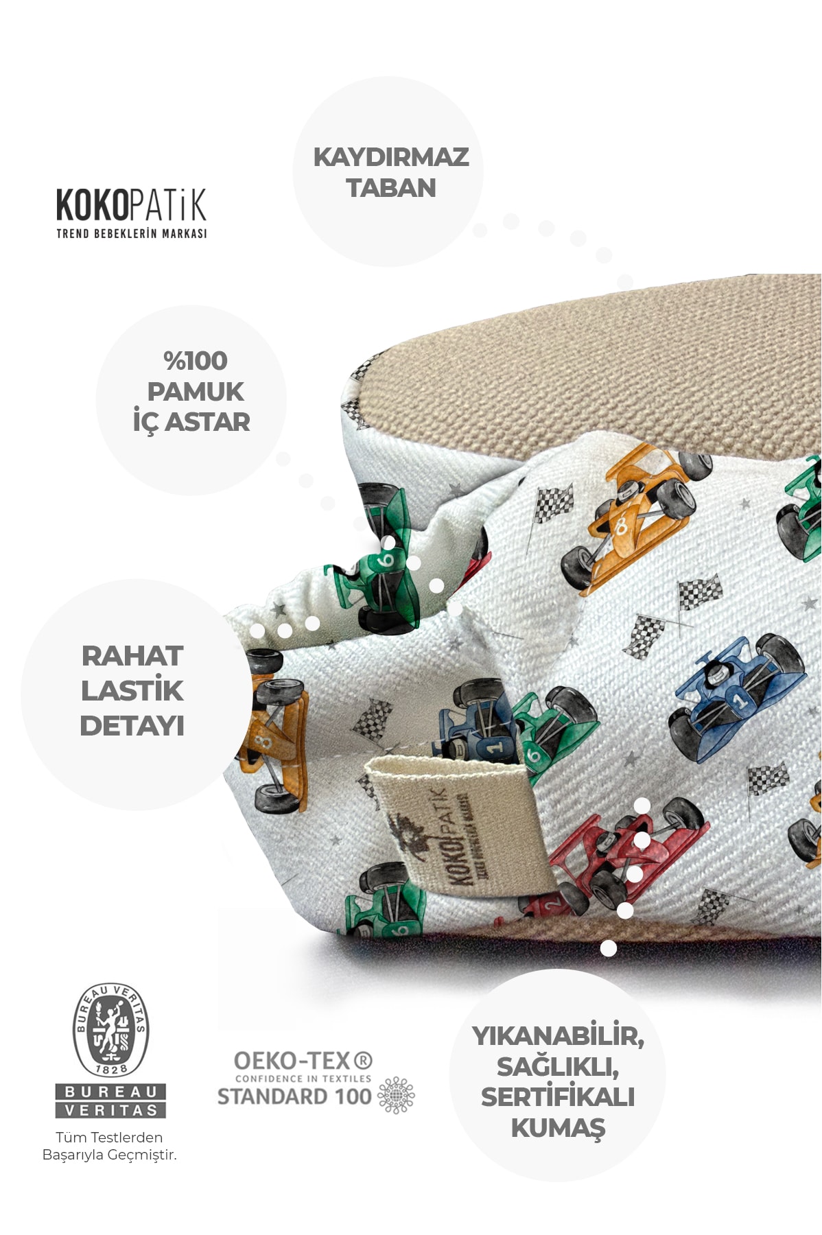 Kokopatik, Organik Pamuk Bebek Patiği,Kaydırmaz Taban,Yenidoğan Patik,Ev Kreş Ayakkabısı,Formula Desen Patik
