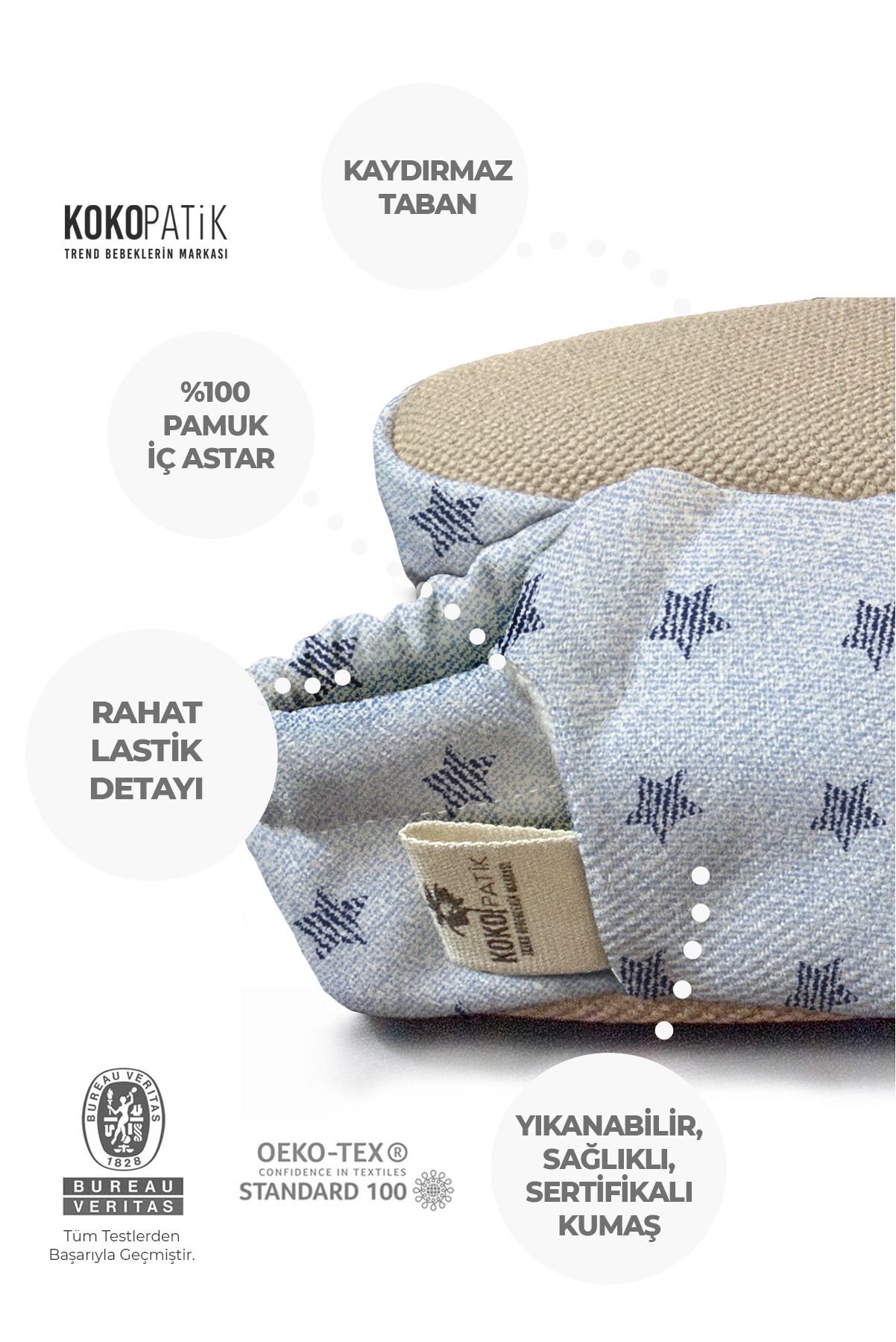 Kokopatik,Organik Pamuk Bebek Patiği,Kaydırmaz Taban,Yenidoğan Patik,Ev Kreş Ayakkabısı,Denim Desen Patik