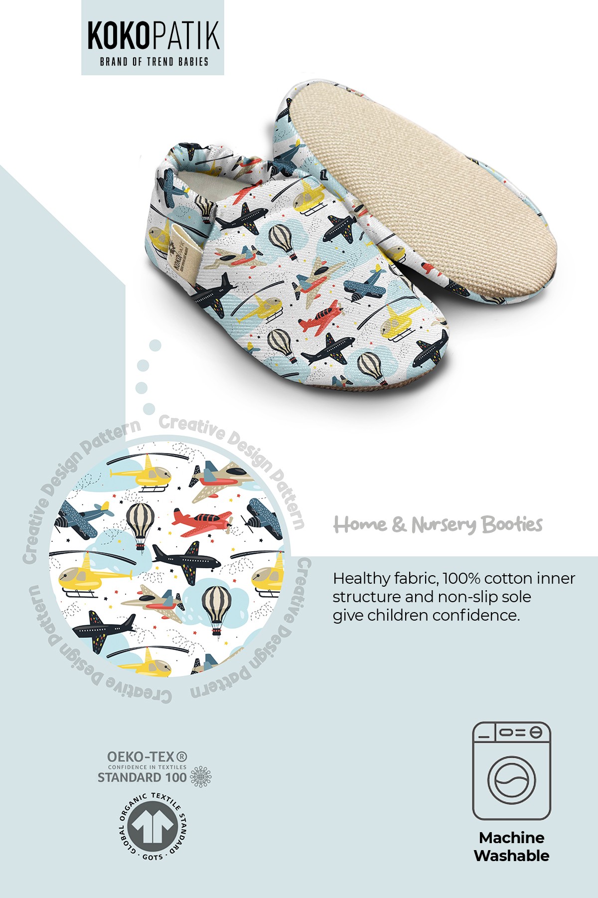 Kokopatik, Non-Slip Sole, Home Nursery Booties, Unisex Baby Booties, Cotton Newborn Booties, Flying Vehicles Patterned Booties