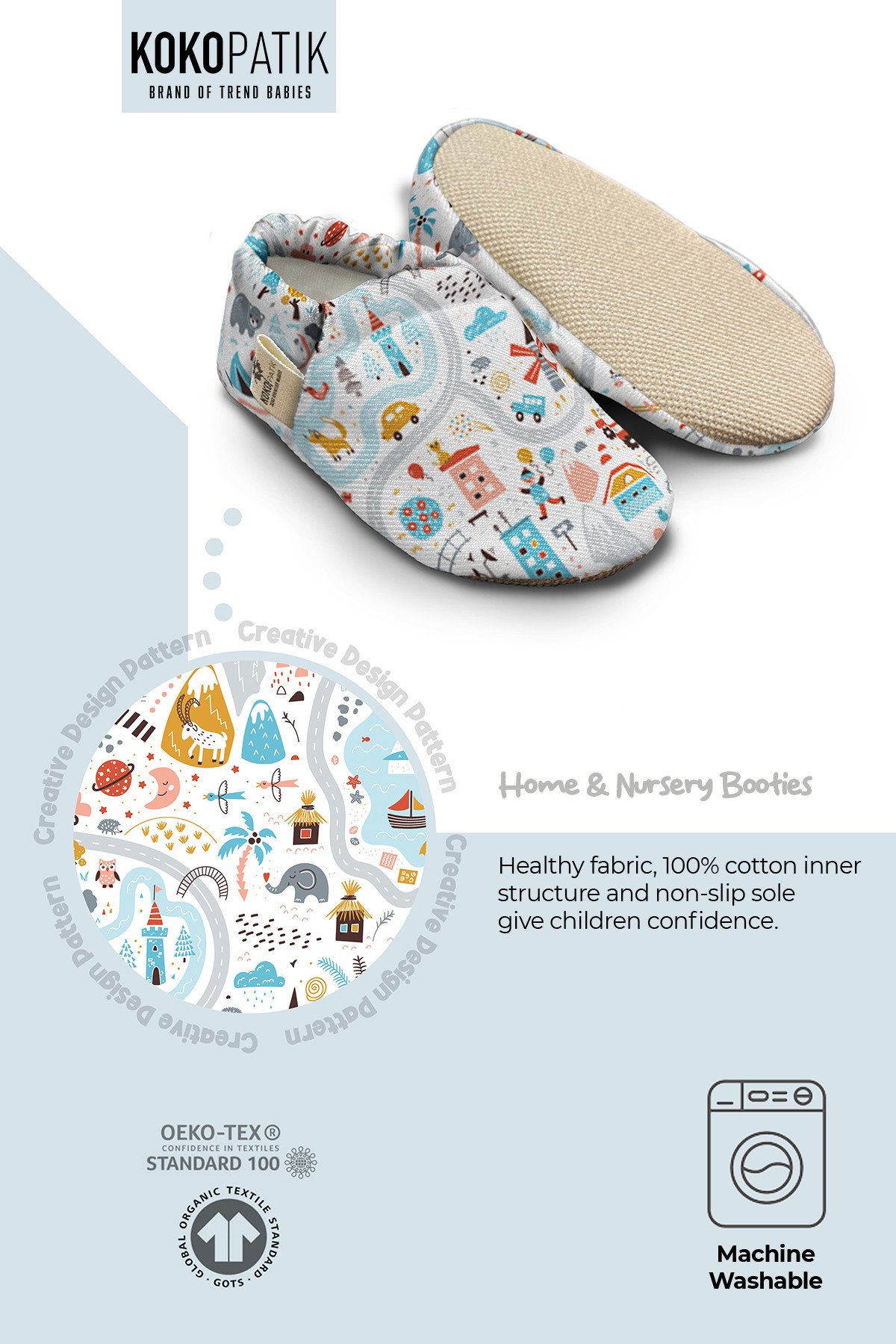 Kokopatik, Non-Slip Sole, Organic Cotton Lined Home Slippers, First Step Shoes, Utopia Patterned Slippers