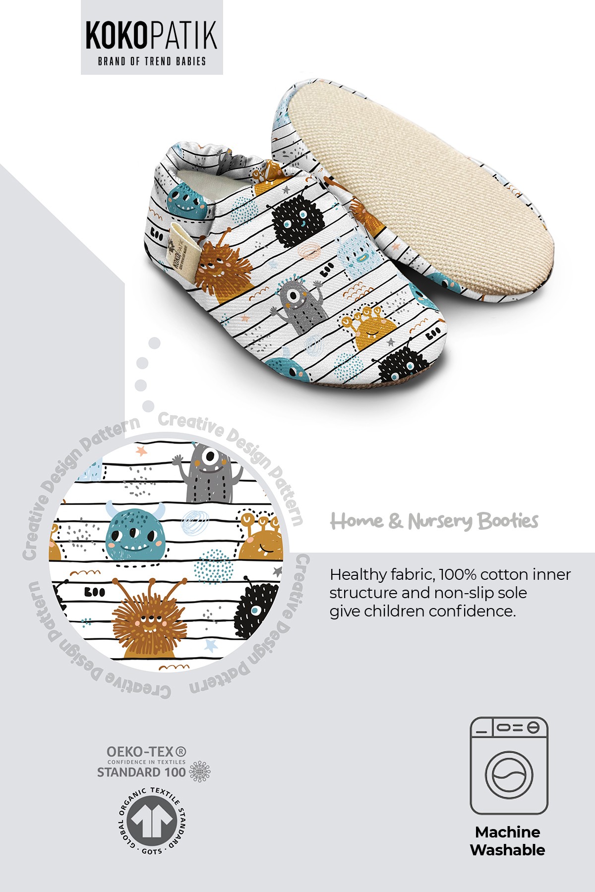 Kokopatik, Non-Slip Sole, Organic Cotton Lined Home Slippers, First Step Shoes, Germ Patterned Slippers