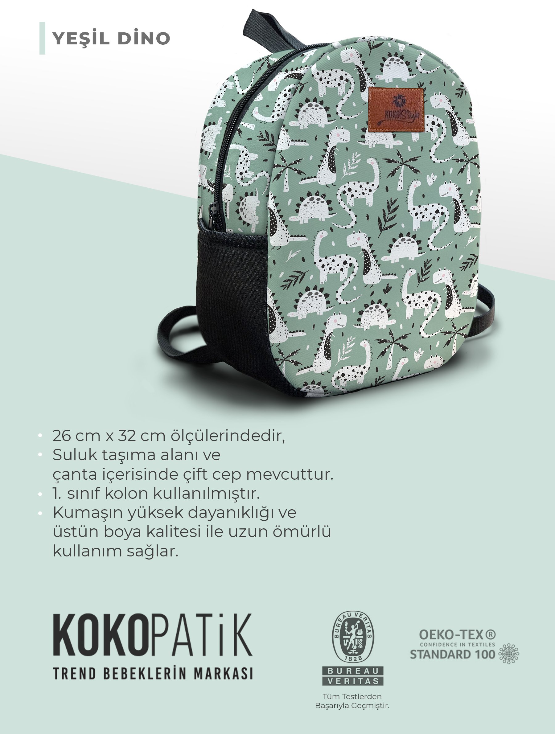 Yeşil Dino Desen Orta Boy Kreş Çantası