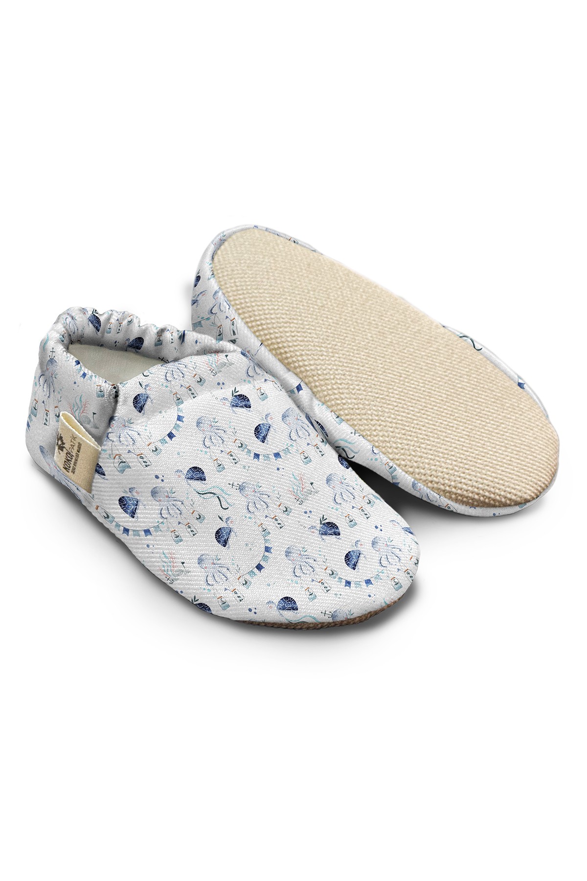 Kokopatik Non-Slip Sole, Organic Cotton Lined Indoor Booties, First Step Shoe, Blue Sea Adventure Pattern