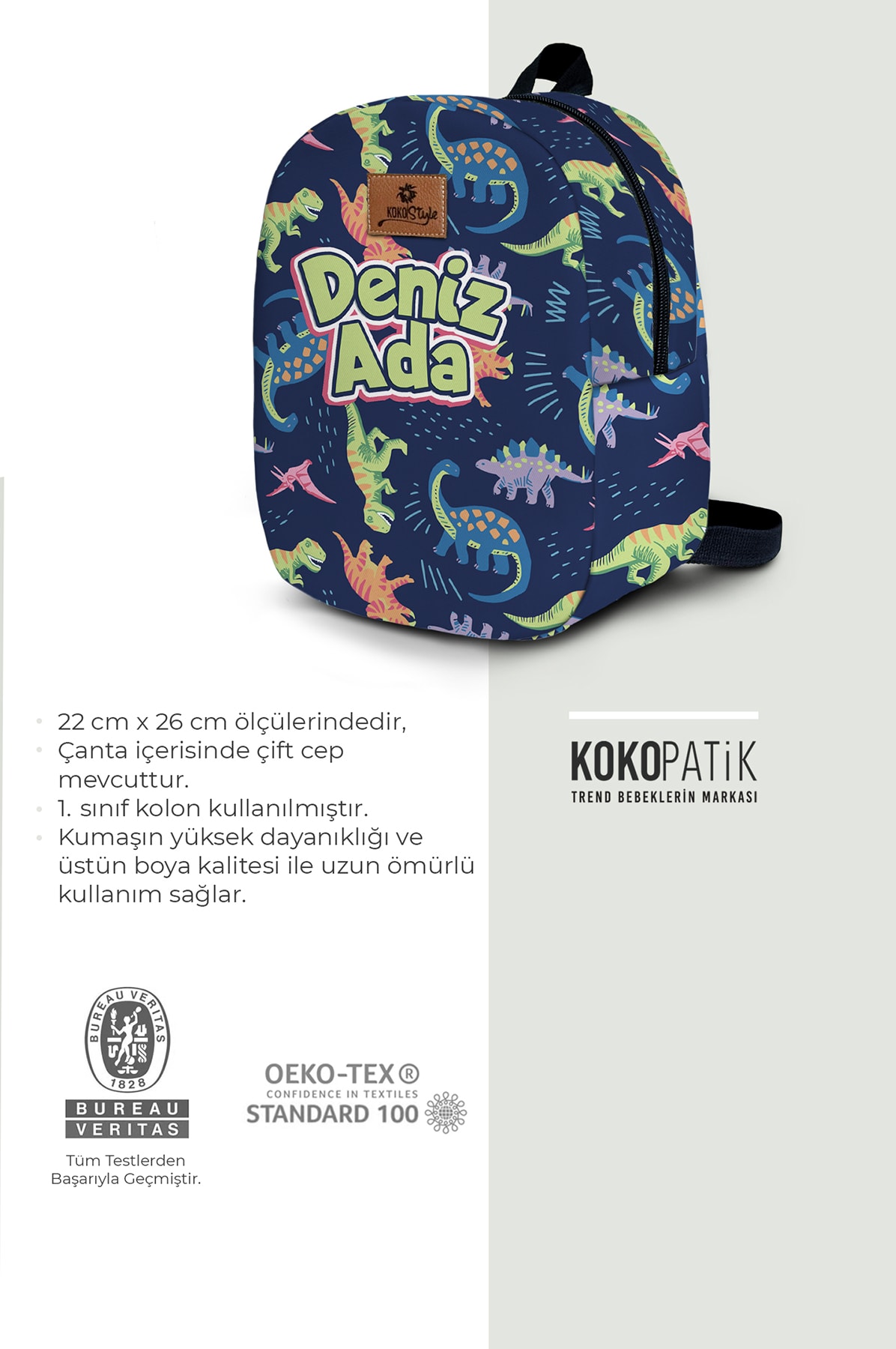 Kişiye Özel İsimli - Dinno Desenli Küçük Boy Kreş Çantası